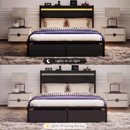 Full Bed Frame with Drawers, Platform Bed with LED Lights & Charging Station, Wood Headboard, Strong Metal Slats Support, No Box Spring Needed, Noise Free, Easy Assembly