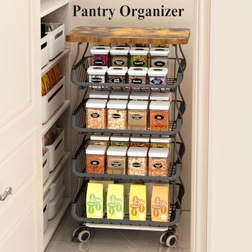 SAYZH 5-Tier Fruit and Vegetable Basket Stand for Kitchen, Wood Top, Black | Stackable Vegetable Storage Baskets with Wheel, Metal Wire Storage Carts for Onion, Potato and Snacks