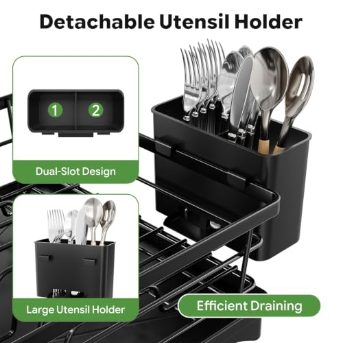 Simple Trending Dish Drying Rack, 12''W x 16''L, Black | Dish Rack for Kitchen Counter, Stainless Steel Dish Drainer, Cutlery Holder, Drainboard, Space-Saving, Easy Installation