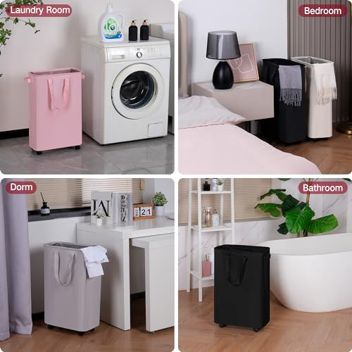 efluky Slim Laundry Hamper with Wheels, Rolling Laundry Basket for Clothes, Small Laundry Basket for Bedroom, Dorm and Laundry Room, 60L (12.7 Gallons) Beige