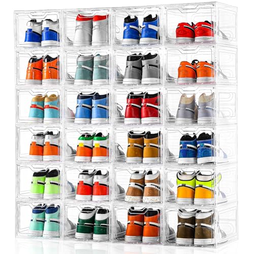 12 Pack Thicken & Sturdy Clear Shoe Storage Organizer with Magnetic Door, Shoe Boxes Clear Plastic Stackable for Closet, Shoe Rack for Sneaker Boot Container, Shoe Cabinet Fit up to US Size 12