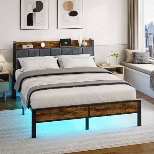 Liians Queen Size Bed Frame with USB Charging Station and Smart LED Lights