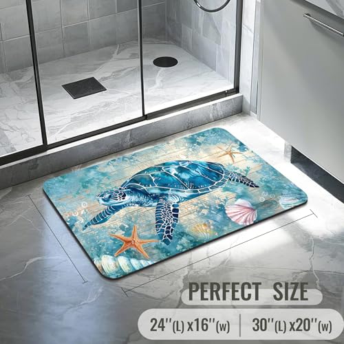 Turtle Bathroom Rugs, Quick Dry Absorbent Non Slip Bath Mat 16x24 in | Rubber Backing, Machine Washable Bathroom Mat for Shower, Tub and Sink Areas with Beach Seashell Ocean Blue