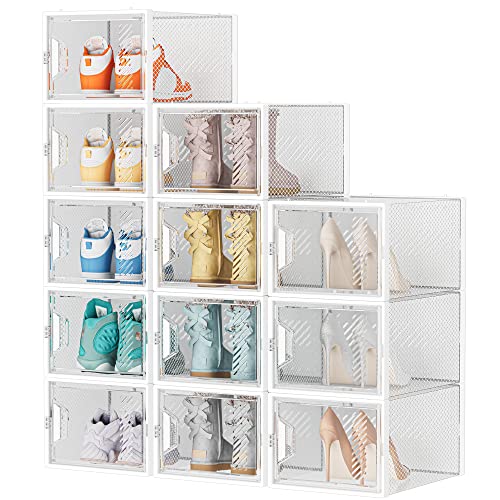 SIMPDIY XL Clear Shoe Storage Boxes, Stackable Shoe Organizer for Closet | 12 Pack, for Size 13, Magnetic Door, Aromatherapy Stick, Plastic, Shoe Rack for Closet, Entryways, Under-bed Storage