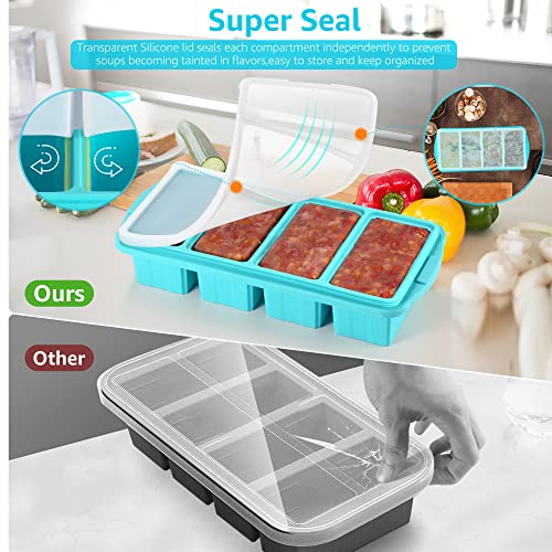 Silicone Freezer Tray With Lid - Silicone Freezer Food Molds- Large Ice Cube Tray,Silicone Freezer Container,Freeze & Store Soup, Sauce, Broth,Leftovers - Makes 4 Perfect 1 Cup