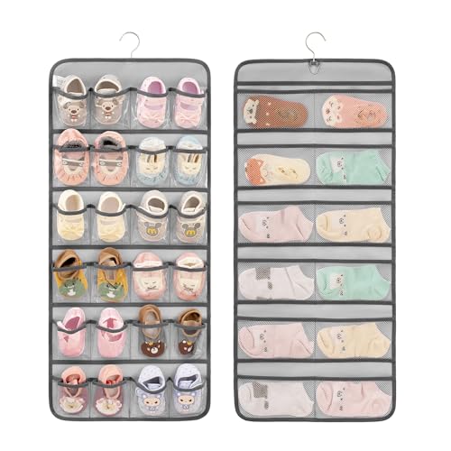 Dual-sided Hanging Baby Shoes Organizer Closet Toddler Shoe Storage Holder for Kids Bow Socks Underwear (GREY)