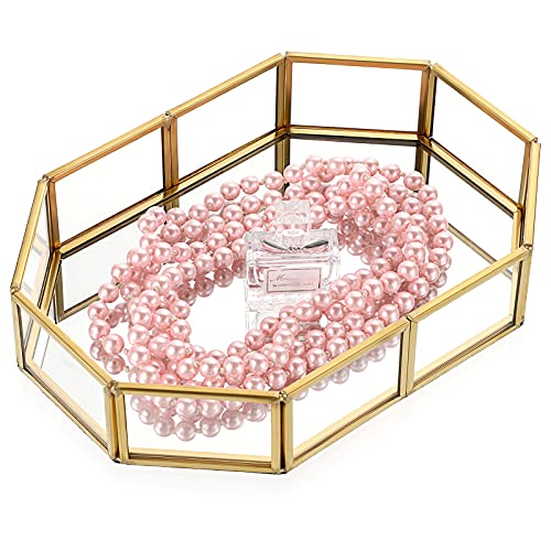 Hipiwe Mirror Glass Vanity Tray - Gold Ornate Makeup Organizer Perfume Tray | Vintage Octagonal Dresser Trays for Jewelry Trinket Organizer, Bathroom Storage Trays for Home Decor