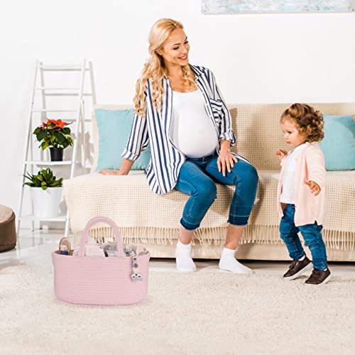 XUANGUO Pink Cotton Rope Baby Diaper Caddy Organizer Basket for Girls | Nursery Storage Bin, Portable Baby Tote Bag for Changing Table or Car, Baby Shower Gifts Bag, Newborn Essentials, Registry