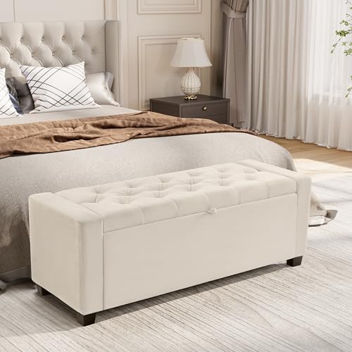 Ottoman with Storage,Tufted Storage Bench with Safety Hinge,Holds up to 350 lb,Upholstered Bench with Seating for Bedroom, Living Room,Entryway,Linen Beige