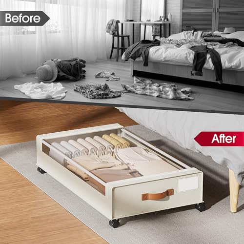 Yecaye Under Bed Storage with Wheels, 2 Pack Under Bed Storage Containers, 60L Underbed Shoe Storage with Clear Window & Label, Rolling Under Bed Metal Drawer for Clothes, Shoes, Books, Blankets