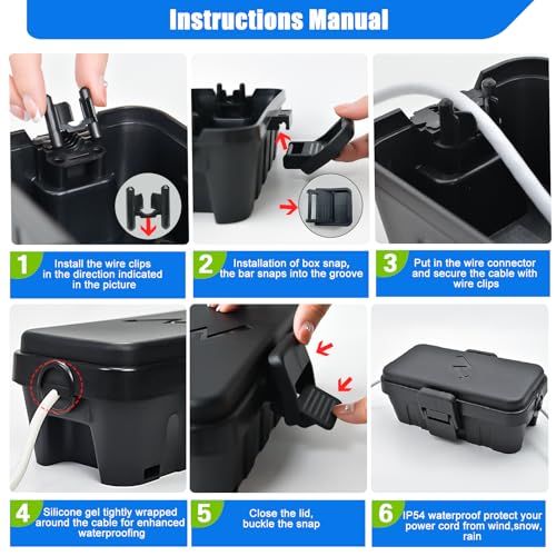 Small Weatherproof Electrical Connection Box(Inner 5.5 x 3 x 2.2inch),Outdoor Electrical Box,Waterproof Extension Cord Covers for Plug, Extension Cables, Holiday Lights,Black