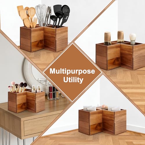 Extra Large Corner Utensil Holder with 3 Compartme... (Natural | Acacia Wood)