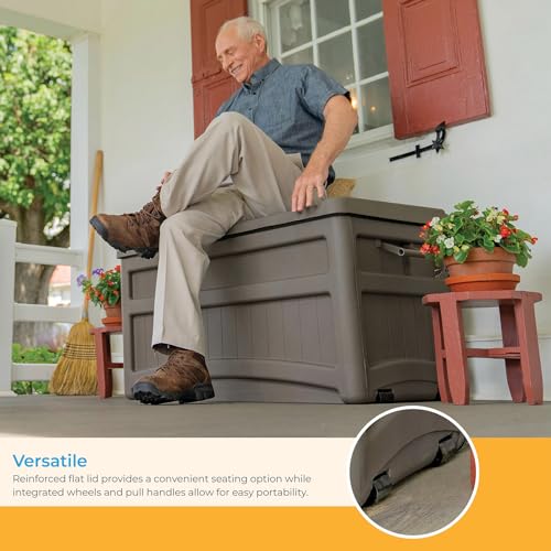 Suncast 73 Gal, Resin Deck Box with Wheels, Handles and Seat, Stoney