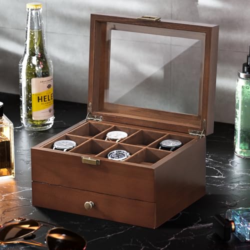 ProCase Wooden Watch Case, 8 Slot Mens Watch Box with Drawer, 2-Layer Mens Jewelry Box Storage Holder Organizer Display Case, Fathers Day Gift, Anniversary Birthday Gifts for Men Women -8 Slot, Brown