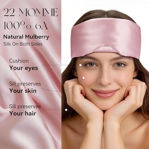 Silk Sleep Mask 22 Momme 100% Mulberry Silk & 3.5cm Silk Hairband Set for Side Sleeper Women Men,Light Blocking Nose Pad, Adjustable Silent Strap,Eye Mask fo Home & Travel Use (Pink)