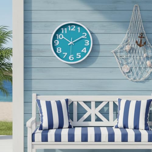 Crosstime Wall Clock Silent Non Ticking Indoor Outdoor Clock Battery Operated Easy to Read Analog Decorative Clocks for Bedroom Office Home Patio Pool Porch Decor,12 Inch Aqua
