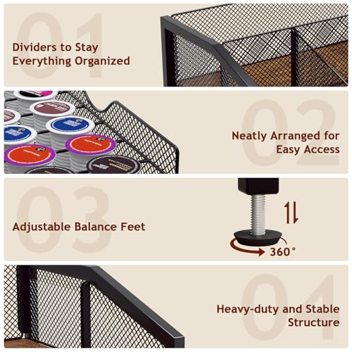 Coffee Bar Organizer - Coffee Station for Countertop, Metal and Wood K Cup holder Storage Basket for Coffee Pods, Syrup, Cups, Stirrer, Coffee Condiment, Tea Organizer, Black and Brown