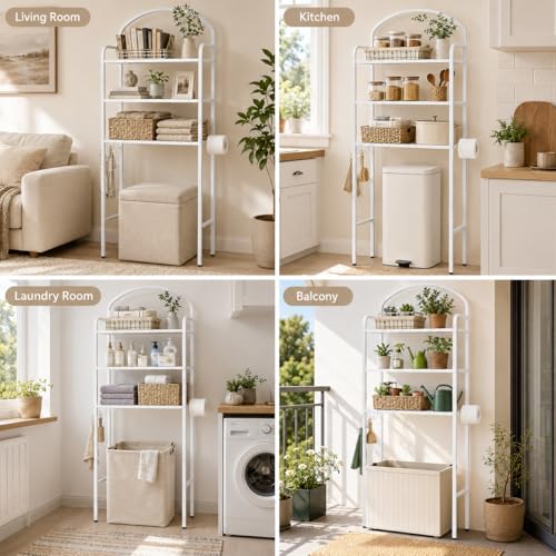 3 Tier Over The Toilet Storage Rack, Bathroom Organizer | Toilet Storage with 4 Hooks & Paper Holder, Space-Saving, Freestanding Bathroom Shelf, Metal, White