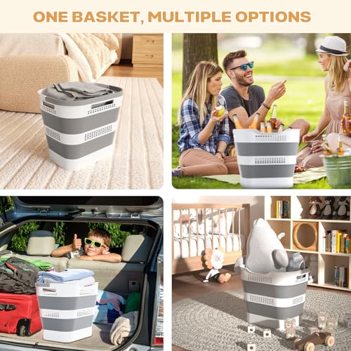 43L(11.5Gallon) Collapsible Plastic Laundry Basket (Grey,1 Pack) | Foldable Laundry Basket with Handle,Pop Up Tall Storage Container/Organizer/Clothes Hamper for Laundry