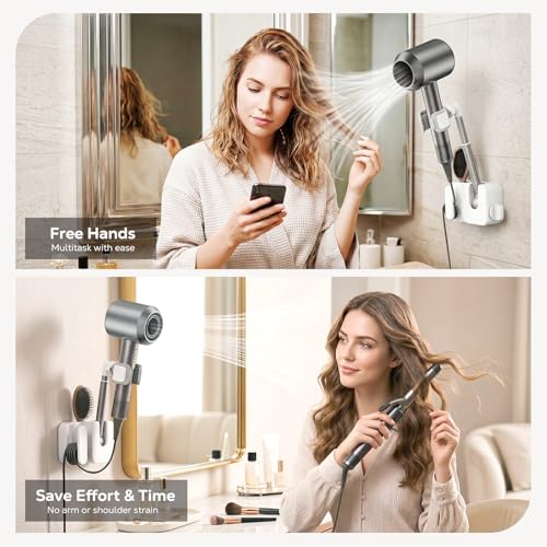 MoKo Hair Dryer Holder Wall Mount, Anti-Sag Adjustable Blow Dryer Stand | Anti-sag knob lock, 360° rotation, Height adjustable, Storage slot and cable management, No drill installation needed.