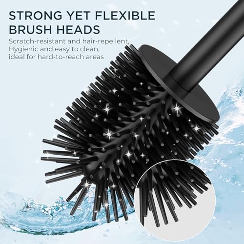 FORIOUS Toilet Brush and Holder Set with 2 Brush Head Square Medium Black | Heavy Duty 304 Stainless Steel Base, Silicone and Plastic Brush Heads, Long Handle for Deep Cleaning, Drip-Proof