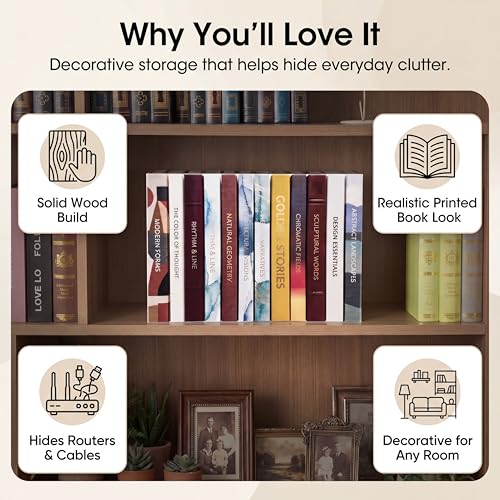 Gerrii 15.9"x10.2"x5.6" Solid Wood Hidden Book Box, Decorative Electronics Hider for Router, Cable, Modem, Cords, Plugs, Outlets – Real Hardcover Faux Books Storage Box for Bookshelf Home Decor