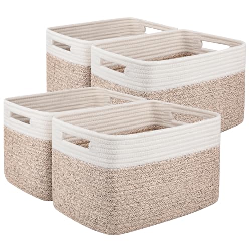 4 Pack Storage Basket, 13"x9"x7.8" Cotton Rope Bas... (Brown & White | Cotton)
