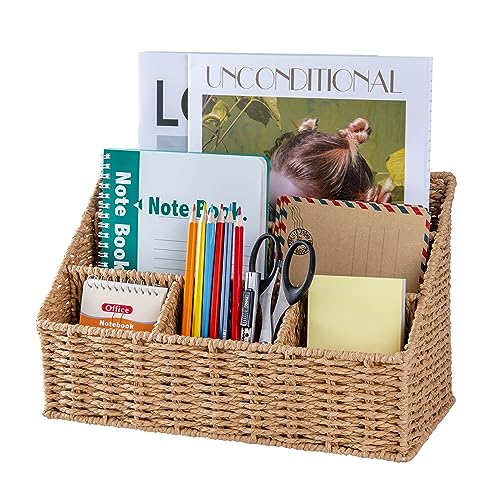 Rattan Desk Organizer, Tabletop Mail Holder, 5 Slot Mail Organizer Countertop Basket, Rattan Office Supplies, Boho Office Desk Accessories, Wicker Desk Organizer, Magazine Holder(Wicker)
