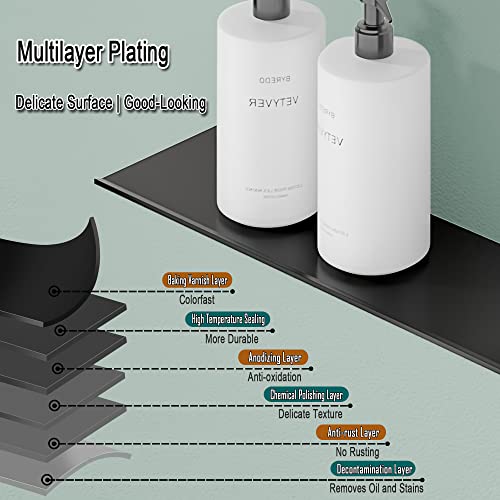 Adhesive Shelves for Wall, Metal Floating Shelf 2 Pack, 15.7x4.9IN | Rustproof Aluminium Shower Caddy, No Drilling, Matte Black Finish, For Living Room, Bedroom, Bathroom, Display Ledge