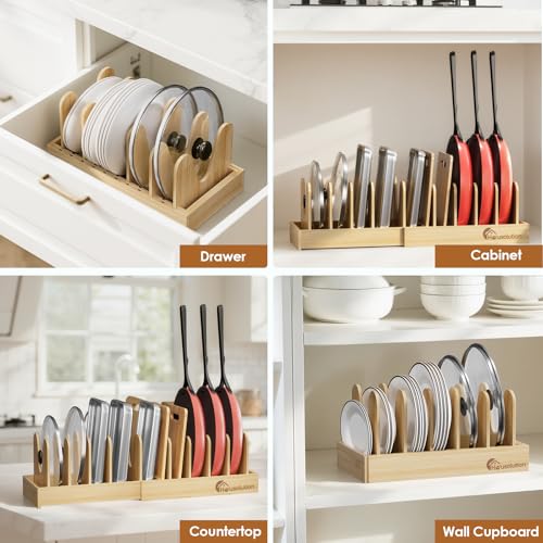 Housolution Bamboo Pot and Pan Lid Organizer Holder Storage Rack | 15"-29" Expandable, 10 Adjustable Dividers, Upgrade Solid Wooden Base, Easy Assembly