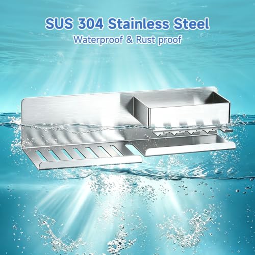 Bar Soap Holder for Shower Wall, Adhesive Soap Dish, Silver | Self-draining Soap Tray for Bathroom, Stainless Steel Soap Stand, with Baffle & 5 Hooks for Loofah, Razor, Toothbrush