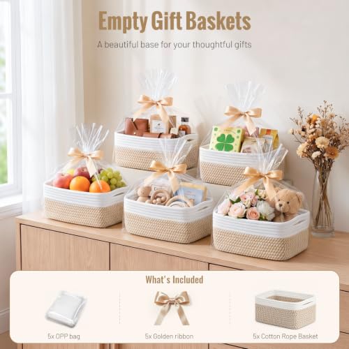 5 Pack Small Woven Storage Baskets for Shelves, Cotton Rope Baskets Organizer for Bathroom, Closet & Nursery, Decorative Storage Bins for Organizing Socks, Toys, 11.8"x7.9"x4.7", Khaki/White