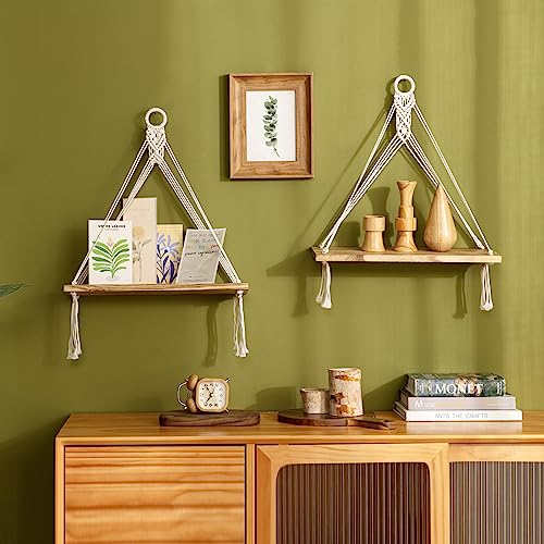 Mkono Macrame Hanging Shelves Boho Wall Decor Set of 2 Floating Wood Shelf | Cute Room Decor for Teen Girls Display Storage Shelves for Hanging Plant Photos Fit Bedroom Bathroom Living Room Nursery Dorm