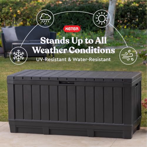 Keter Kentwood 92 Gal Outdoor Storage Box for Patio and Pool Accessories | Grey, Resin, Large, Weatherproof, Lockable, Durable, Easy Assembly, Organization, Patio Cushions Storage