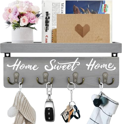 buways Key Holder Wall Mount with 8 Hooks and Cozy Home Sign (Gray) | Solid Wood, Floating Shelf for Keys, Mail, and Daily Essentials in Entryways, Hallways or Home Decor