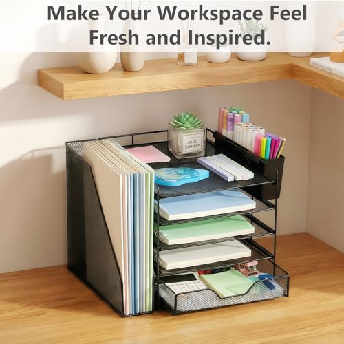 5-Tier Desk File Organizer with Drawer & Pen Holder (Black) | Desk Organizers and Accessories, Office Desk Accessories & Workspace Desktop Organizers for Classroom, Home, Office Supplies