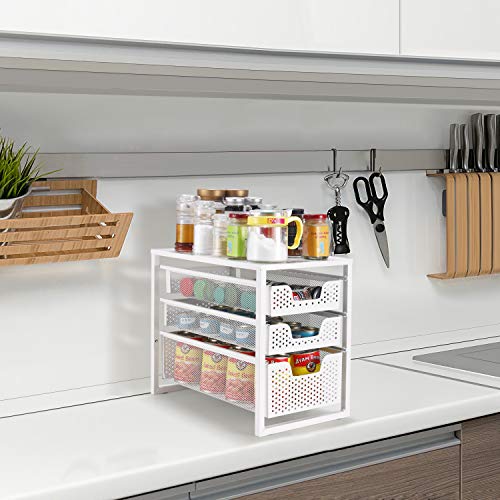 Simple Trending Under Sink Organizer 3-Tier with Sliding Storage Drawer | Multi-Purpose Desktop Organizer, Metal Cabinet Organizer for Kitchen Bathroom Office, Stackbale, Space Saving, White