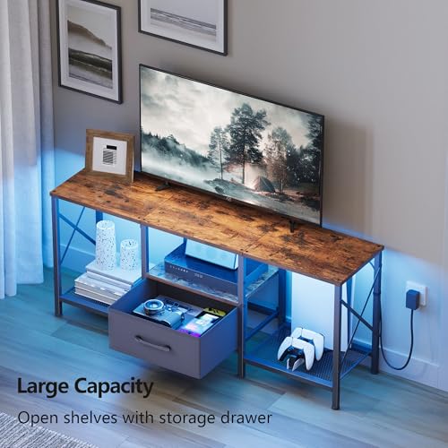 JARHETUN LED TV Stand with Fabric Drawer, Entertainment Center for 50 55 Inch TV, Industrial TV Console Table with Open Storage Shelves for Living Room, Bedroom, Rustic Brown