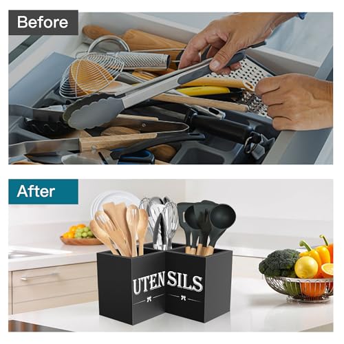 Extra Large Utensil Holder Countertop for Kitchen Counter,Wood,Black | Hold 40 Utensils,3 Removable Divider,Rutic Silverware Organizer Caddy,Spacesaving,Farmhouse Cooking Crock for Spatula,Spoon