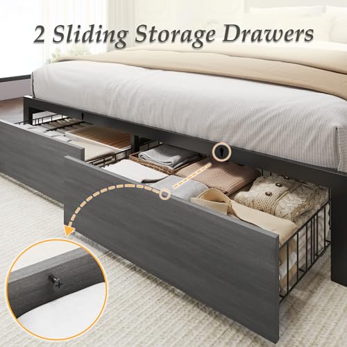 Lifezone Queen Bed Frame with 2-Tier Storage Headboard, Bedroom Metal Bed Frame with 2 Storage Drawers & Fast-Charging Station & LED, Noise-Free, No Box Spring Needed, Easy Assembly, Rustic Grey