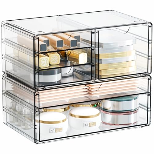 2 Pack Acrylic Drawer Organizer With 6 Drawers,Stackable 11.1” Large Clear Storage Drawers and Makeup Organizer For Vanity,Bathroom Countertop,Cabinet,Pantry,Office Supply Storage Bins Drawers