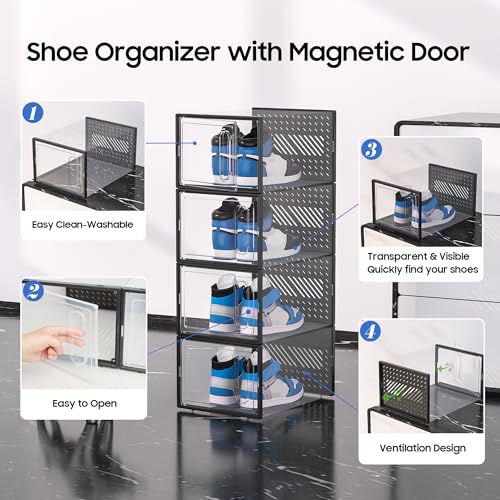 X-Large Shoe Boxes with Magnetic Door, 12-Pack Stackable Shoes Storage Organizer for Closet, Clear Plastic Sneaker Container Shoe Rack for Size 12, Black