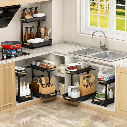 Under Sink Organizer - 2 Pack Multi-Purpose Pull-Out Storage Shelf | Slide out Pull out Cabinet Organizer Shelf, Storage for Kitchen Bathroom