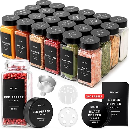 Glass Spice Jars with Label, Seasoning Set, 24x Black Steel Lids