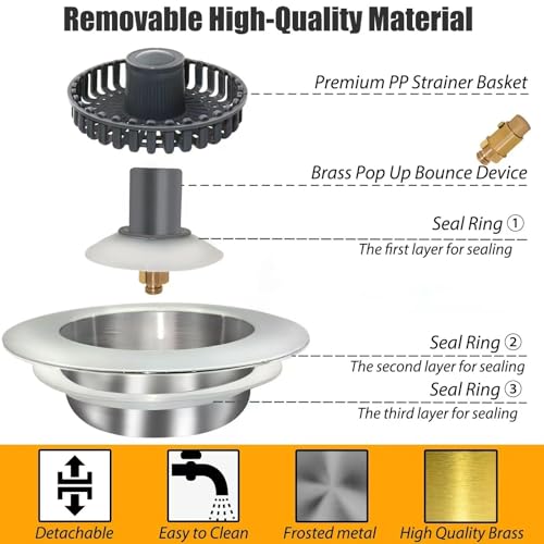 Anlige Kitchen Sink Drain Strainer, 3 in 1 Pop Up Kitchen Sink Stopper, with An Extra Basket Strainer, Universal for US Standard 3-1/2 Inch, Chrome Silver