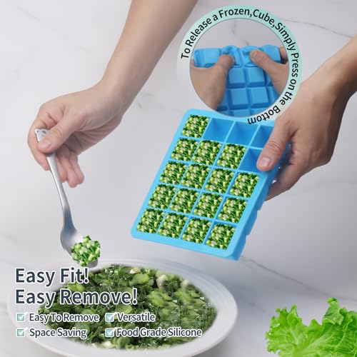 1 Tbsp Silicone Freezer Molds - Perfect for Storing Garlic, Herbs, Ginger, Pesto, Tomato Paste, Lemon Juice,Vegetable Purees,Purees and More - Silicone Food Freezer Tray (Blue 2 Pack)