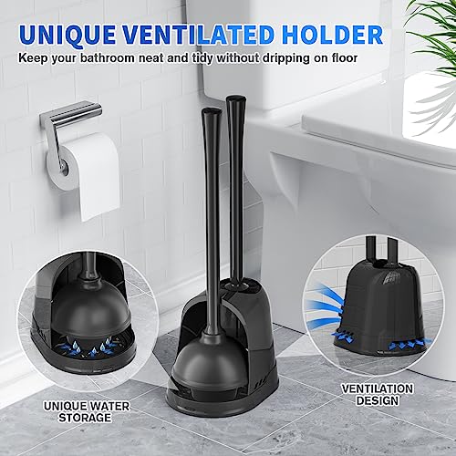 Toilet Plunger and Brush, Bowl Brush and Heavy Duty Toilet Plunger Set with Ventilated Holder, 2-in-1 Toilet Brush and Plunger Combo for 5.3-inch Toilet Drain Bathroom Cleaning (Black)