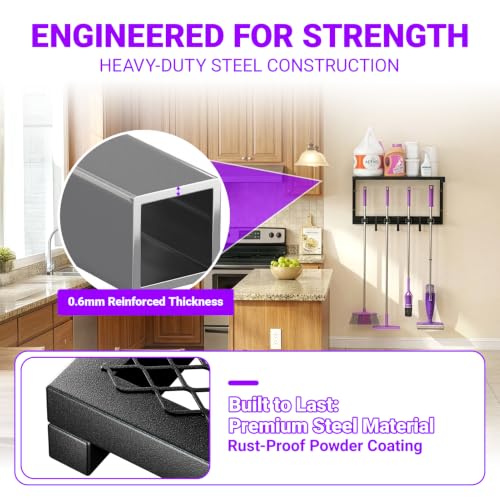 Heavy Duty Broom Holder Wall Mount, All-Metal Mop Rack with Storage Shelves | Space-Saving Cleaning Supply Organizer with Hooks Keeps Mops, Brooms and Tools Handy in Laundry Rooms, Garages and Kitchens