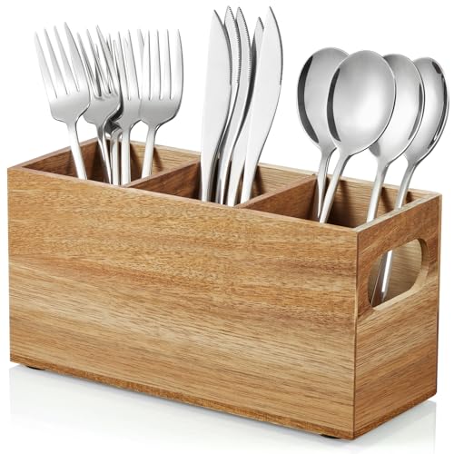 Silverware Holder, Acacia Wooden Utensil Caddy, Si... (Acacia | Acacia Wood)