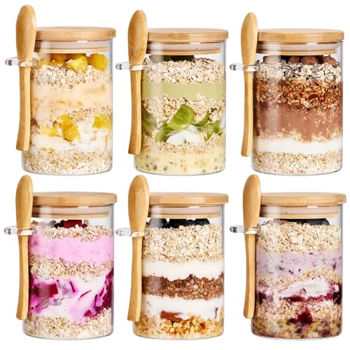 6 Pack Overnight Oats Containers with Bamboo Lids and Spoons - 22 oz Airtight Glass Jars with Lid, Meal Prep Jars for Chia Pudding, Yogurt, Salad, Cereal, Coffee, Flour | Food Storage Canister